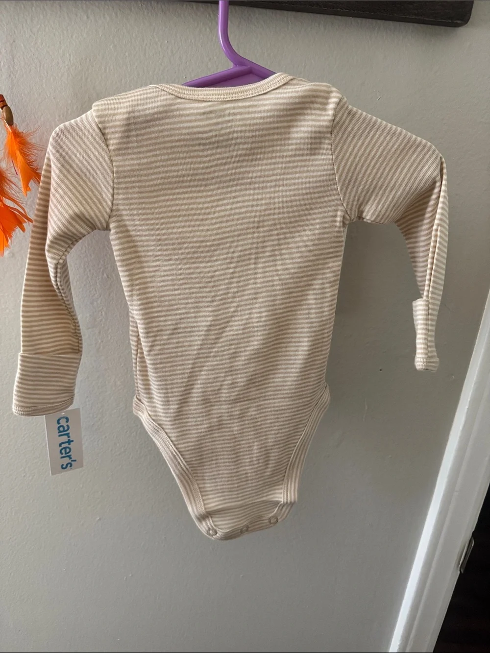 Carter's Cream & White Striped Long-Sleeve One-Piece Bodysuit